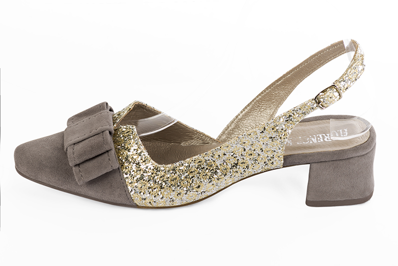Pebble grey and gold women's open back shoes, with a knot. Round toe. Low flare heels. Profile view - Florence KOOIJMAN